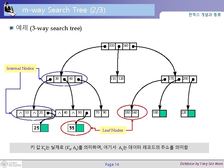 m-way Search Tree (2/3) 인덱스 개념과 종류 예제 (3 -way search tree) 100 140