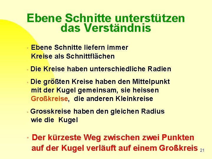 Ebene Schnitte unterstützen das Verständnis • • • Ebene Schnitte liefern immer Kreise als