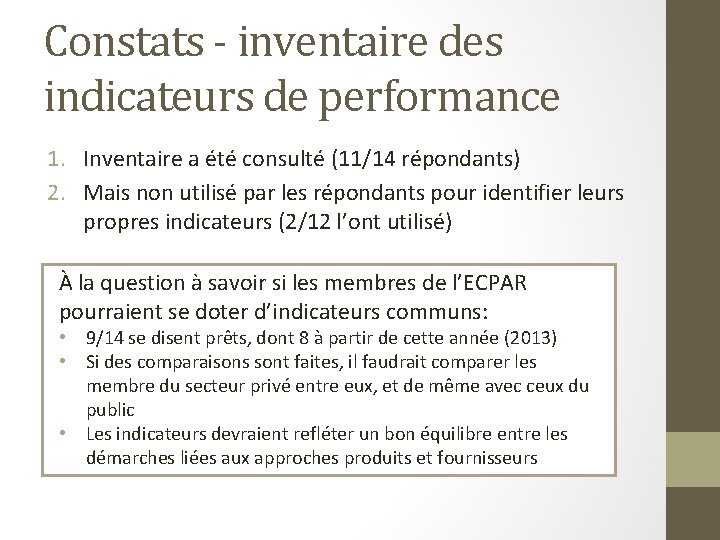 Constats - inventaire des indicateurs de performance 1. Inventaire a été consulté (11/14 répondants)