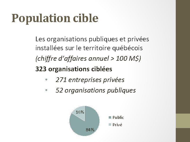 Population cible Les organisations publiques et privées installées sur le territoire québécois (chiffre d’affaires