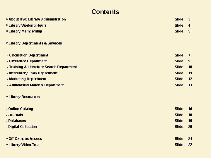 Contents About HSC Library Administration Slide 3 Library Working Hours Slide 4 Library Membership