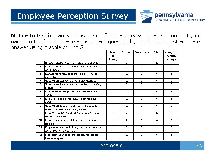 Employee Perception Survey Notice to Participants: This is a confidential survey. Please do not