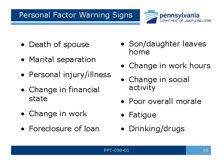 Personal Factor Warning Signs • Son/daughter leaves home • Death of spouse • Marital