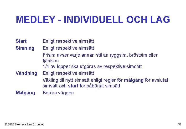 MEDLEY - INDIVIDUELL OCH LAG Start Simning Vändning Målgång Enligt respektive simsätt Frisim avser