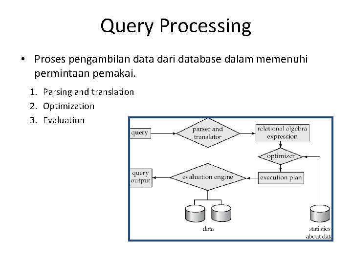 Query Processing • Proses pengambilan data dari database dalam memenuhi permintaan pemakai. 1. Parsing