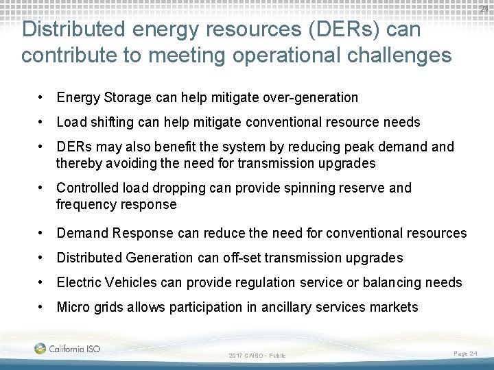 24 Distributed energy resources (DERs) can contribute to meeting operational challenges • Energy Storage