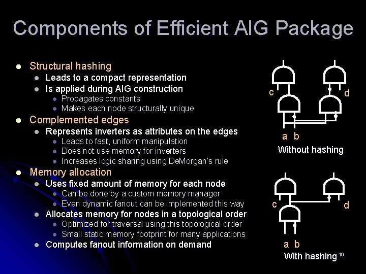 Components of Efficient AIG Package l Structural hashing l l Leads to a compact