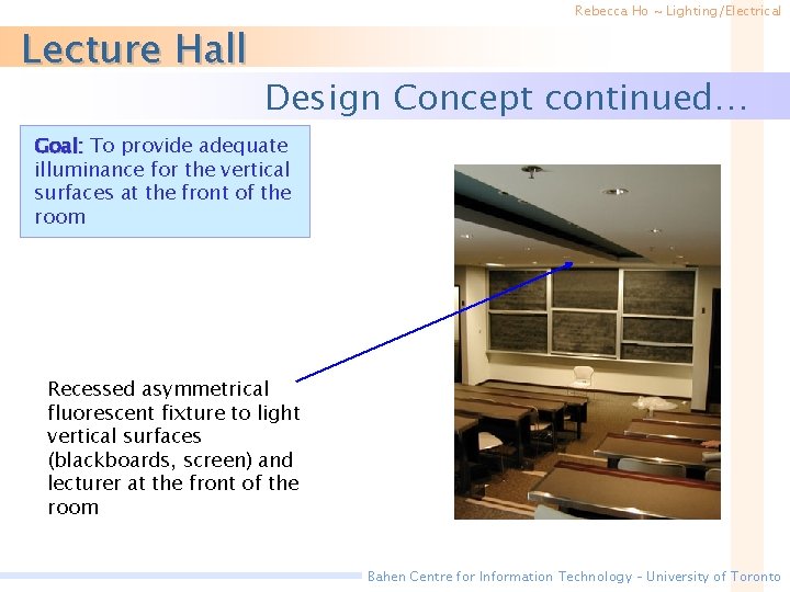 Lecture Hall Rebecca Ho ~ Lighting/Electrical Design Concept continued… Goal: To provide adequate illuminance