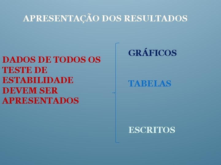 APRESENTAÇÃO DOS RESULTADOS DE TODOS OS TESTE DE ESTABILIDADE DEVEM SER APRESENTADOS GRÁFICOS TABELAS