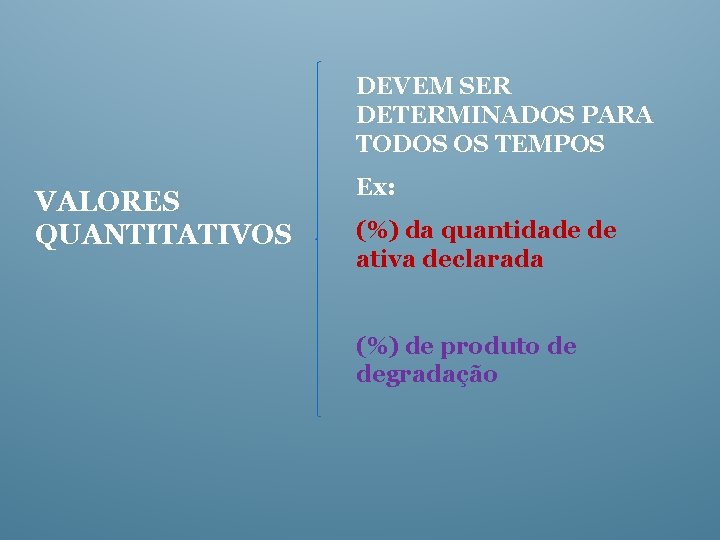 DEVEM SER DETERMINADOS PARA TODOS OS TEMPOS VALORES QUANTITATIVOS Ex: (%) da quantidade de