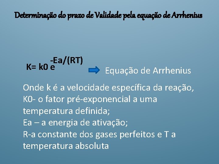 Determinação do prazo de Validade pela equação de Arrhenius -Ea/(RT) K= k 0 e