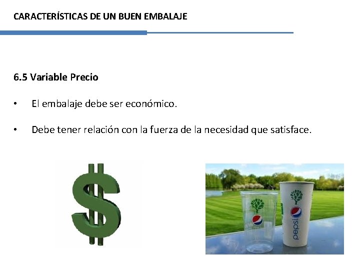 CARACTERÍSTICAS DE UN BUEN EMBALAJE 6. 5 Variable Precio • El embalaje debe ser