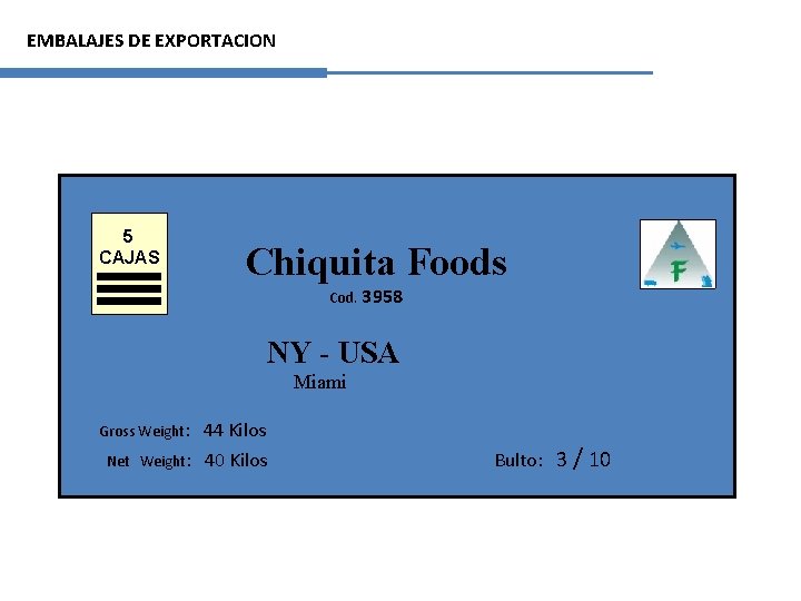 EMBALAJES DE EXPORTACION 5 CAJAS Chiquita Foods Cod. 3958 NY - USA Miami Gross