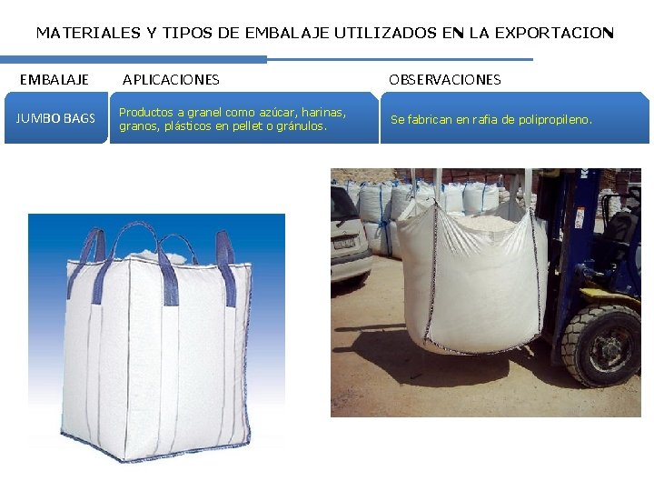 MATERIALES Y TIPOS DE EMBALAJE UTILIZADOS EN LA EXPORTACION EMBALAJE JUMBO BAGS APLICACIONES Productos