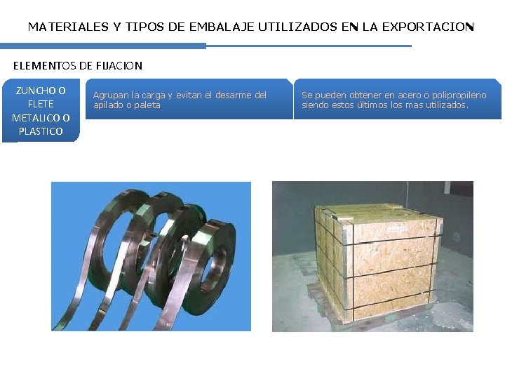 MATERIALES Y TIPOS DE EMBALAJE UTILIZADOS EN LA EXPORTACION ELEMENTOS DE FIJACION ZUNCHO O