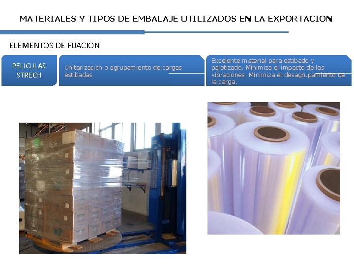 MATERIALES Y TIPOS DE EMBALAJE UTILIZADOS EN LA EXPORTACION ELEMENTOS DE FIJACION PELICULAS STRECH