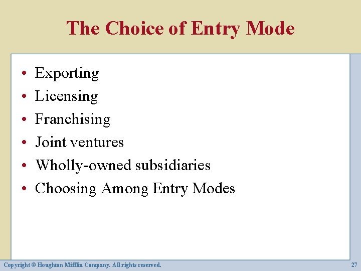 The Choice of Entry Mode • • • Exporting Licensing Franchising Joint ventures Wholly-owned