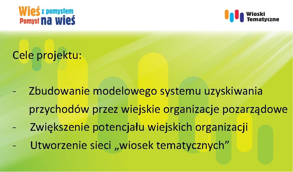 Cele projektu: - Zbudowanie modelowego systemu uzyskiwania przychodów przez wiejskie organizacje pozarządowe Zwiększenie potencjału