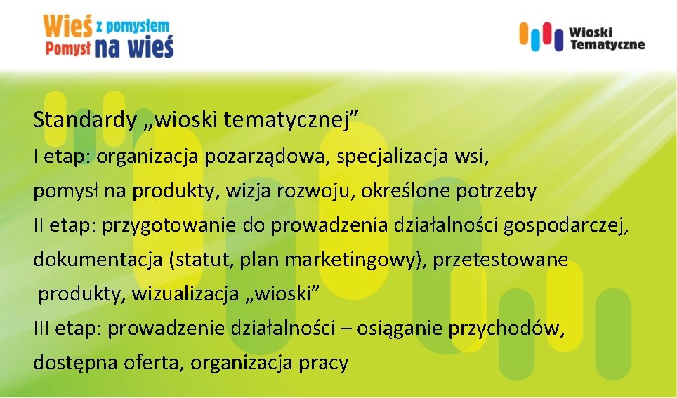 Standardy „wioski tematycznej” I etap: organizacja pozarządowa, specjalizacja wsi, pomysł na produkty, wizja rozwoju,