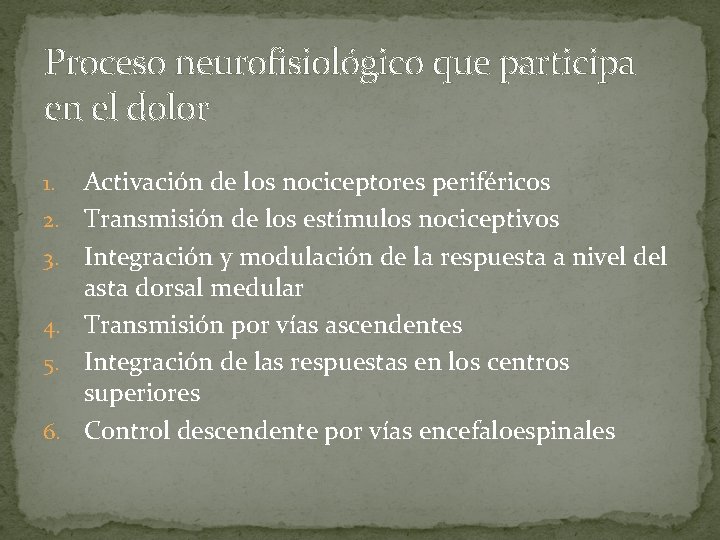 Proceso neurofisiológico que participa en el dolor 1. 2. 3. 4. 5. 6. Activación