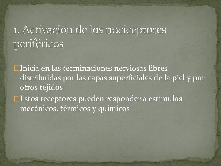 1. Activación de los nociceptores periféricos �Inicia en las terminaciones nerviosas libres distribuidas por