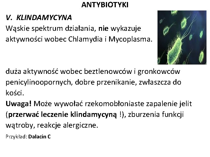 ANTYBIOTYKI V. KLINDAMYCYNA Wąskie spektrum działania, nie wykazuje aktywności wobec Chlamydia i Mycoplasma. duża