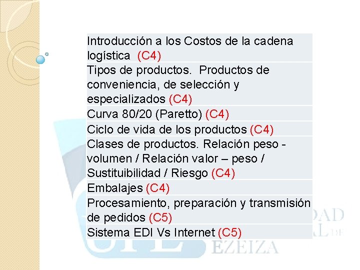 Introducción a los Costos de la cadena logística (C 4) Tipos de productos. Productos