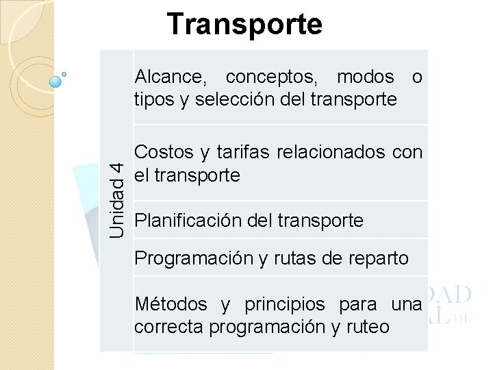 Transporte Unidad 4 Alcance, conceptos, modos o tipos y selección del transporte Costos y