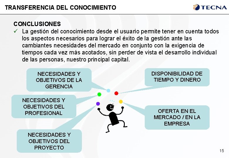 TRANSFERENCIA DEL CONOCIMIENTO CONCLUSIONES ü La gestión del conocimiento desde el usuario permite tener