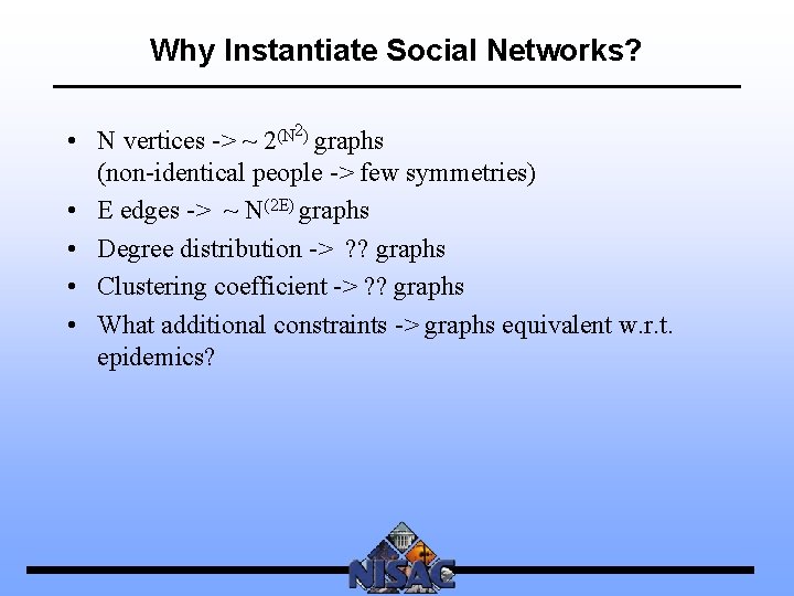 Why Instantiate Social Networks? • N vertices -> ~ 2(N 2) graphs (non-identical people