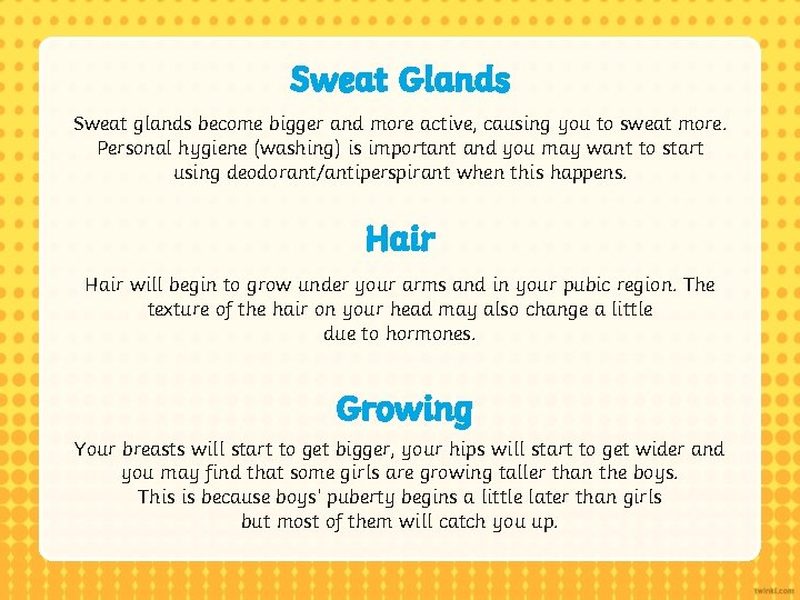 Sweat Glands Sweat glands become bigger and more active, causing you to sweat more.