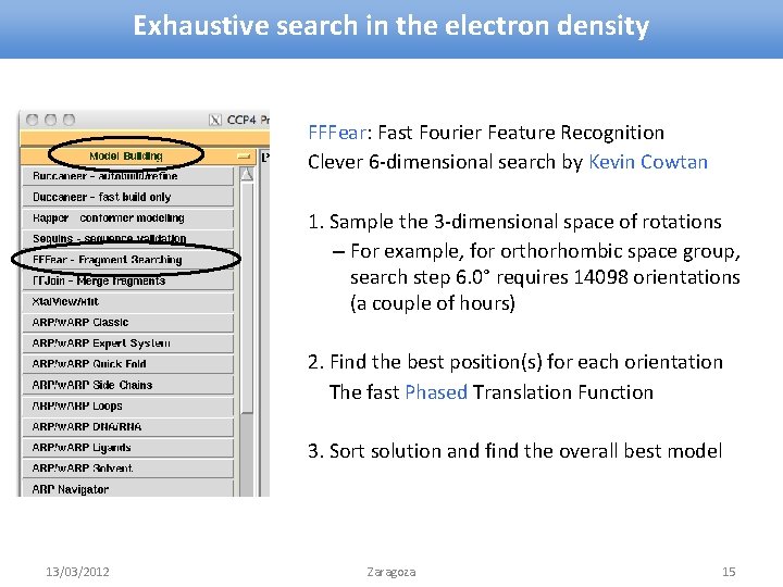 Exhaustive search in the electron density FFFear: Fast Fourier Feature Recognition Clever 6 -dimensional