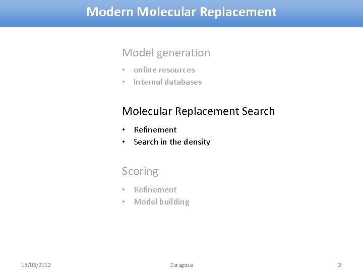 Modern Molecular Replacement Model generation • online resources • internal databases Molecular Replacement Search