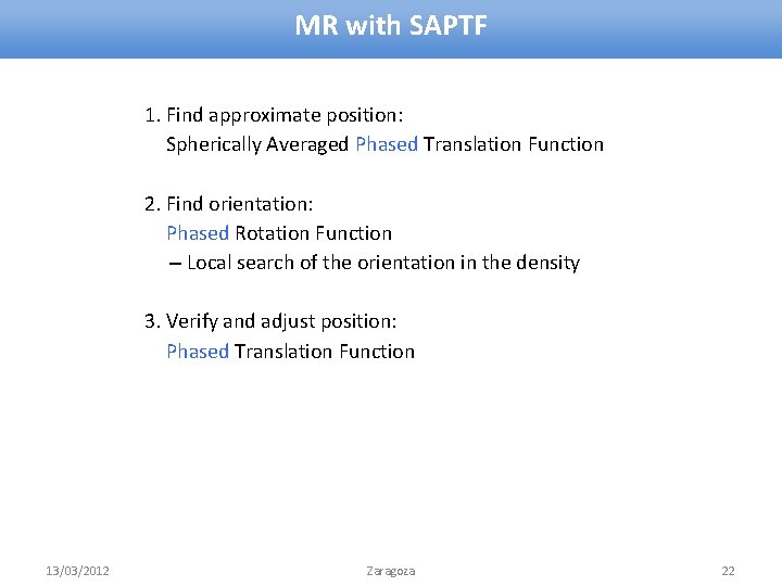 MR with SAPTF 1. Find approximate position: Spherically Averaged Phased Translation Function 2. Find