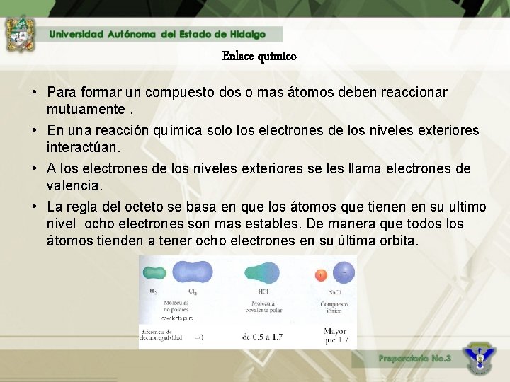 Enlace químico • Para formar un compuesto dos o mas átomos deben reaccionar mutuamente.