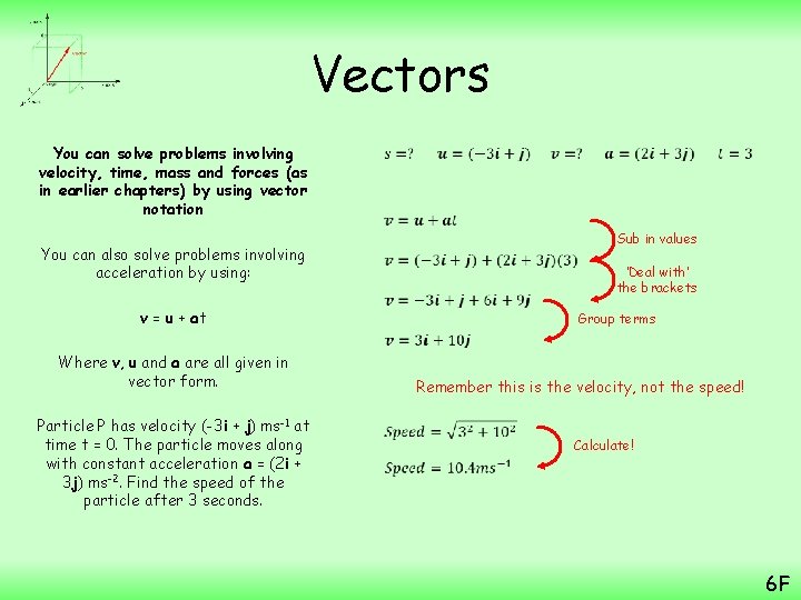 Vectors You can solve problems involving velocity, time, mass and forces (as in earlier