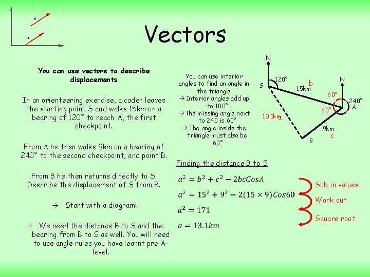 Vectors N You can use vectors to describe displacements In an orienteering exercise, a
