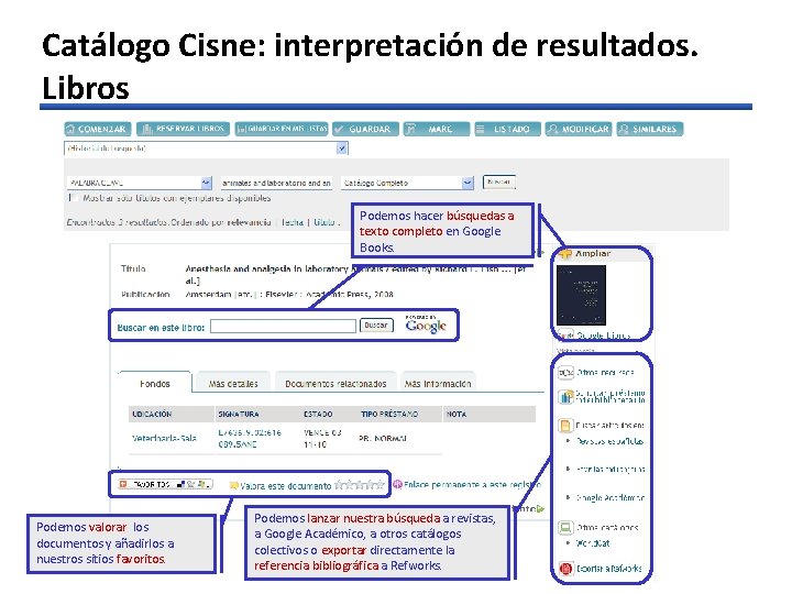 Catálogo Cisne: interpretación de resultados. Libros Podemos hacer búsquedas a texto completo en Google