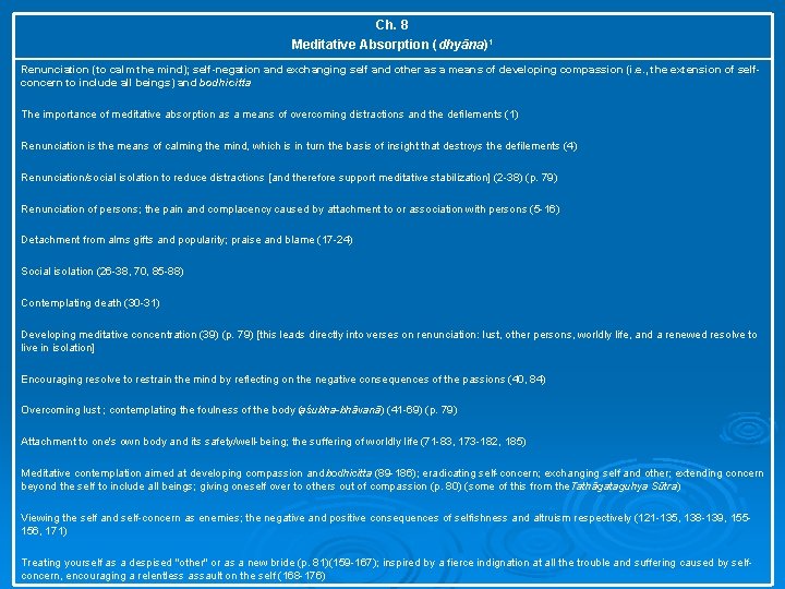 Ch. 8 Meditative Absorption (dhyāna)1 Renunciation (to calm the mind); self-negation and exchanging self
