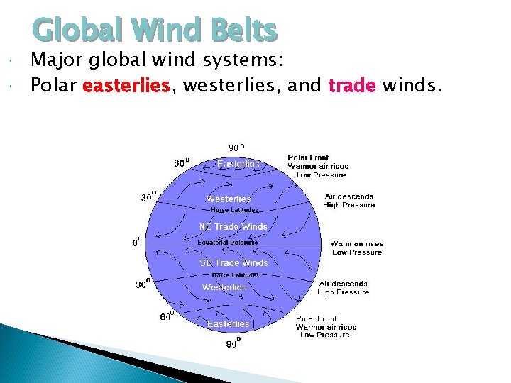 Global Wind Belts Major global wind systems: Polar easterlies, westerlies, and trade winds. 