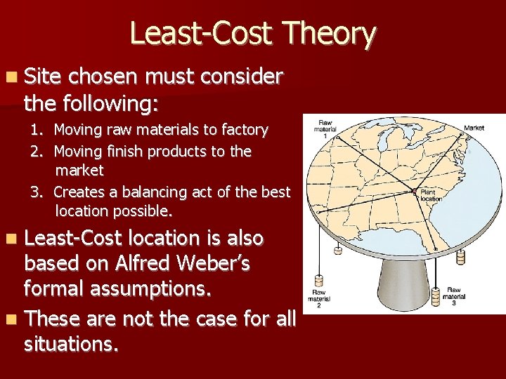 Least-Cost Theory n Site chosen must consider the following: 1. 2. Moving raw materials