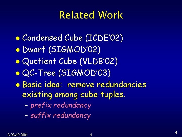 Related Work Condensed Cube (ICDE’ 02) l Dwarf (SIGMOD’ 02) l Quotient Cube (VLDB’