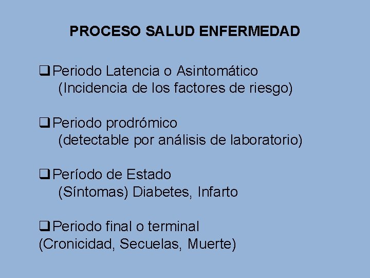 PROCESO SALUD ENFERMEDAD q Periodo Latencia o Asintomático (Incidencia de los factores de riesgo)