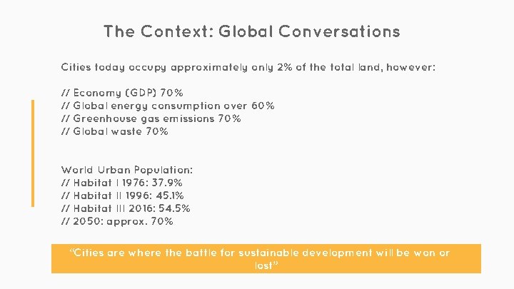 The Context: Global Conversations Cities today occupy approximately only 2% of the total land,