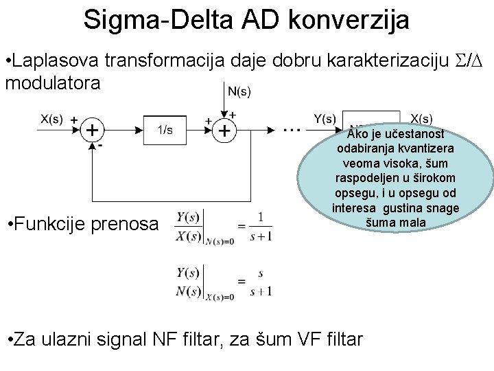 Sigma-Delta AD konverzija • Laplasova transformacija daje dobru karakterizaciju / modulatora • Funkcije prenosa