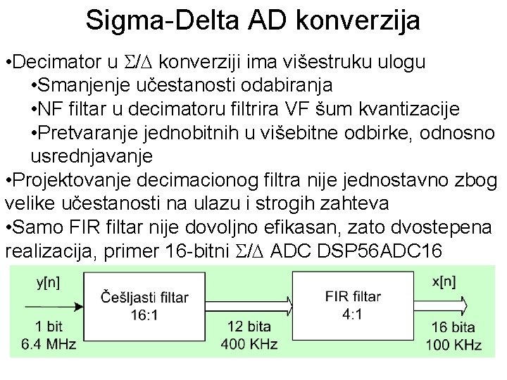 Sigma-Delta AD konverzija • Decimator u / konverziji ima višestruku ulogu • Smanjenje učestanosti