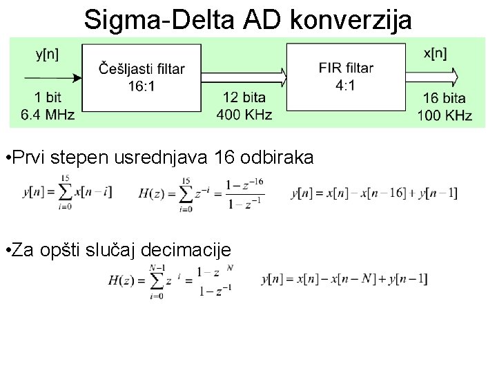 Sigma-Delta AD konverzija • Prvi stepen usrednjava 16 odbiraka • Za opšti slučaj decimacije
