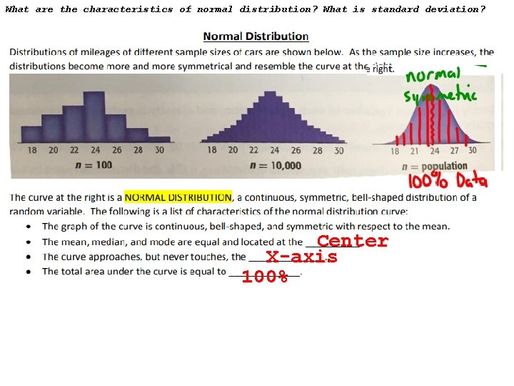 What are the characteristics of normal distribution? What is standard deviation? Center X-axis 100%