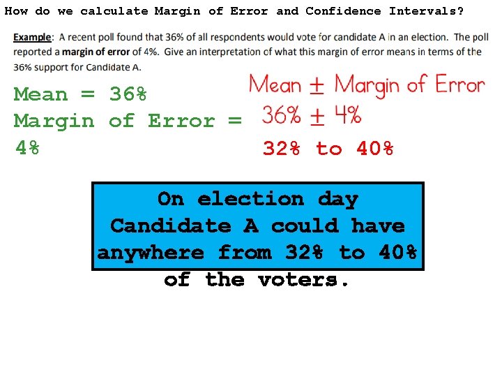 How do we calculate Margin of Error and Confidence Intervals? Mean = 36% Margin