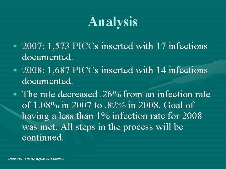 Analysis • 2007: 1, 573 PICCs inserted with 17 infections documented. • 2008: 1,